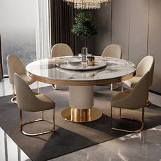 a dining table with chairs around it and a chandelier hanging from the ceiling