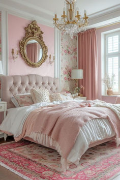 a bedroom with pink walls and white bedding, chandelier, rugs and curtains