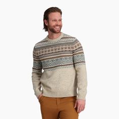 Inspired by traditional Fair Isle patterns and California's mountain towns  the Royal Robbins Westlands is the perfect crew sweater for getting cozy at the lodge or bringing a little winter spirit. Climbing Clothes, Perfect Sweater, Royal Robbins, Men's Sweaters, Beach Sunglasses, Beach Gear, Training Gear, Fair Isle Pattern, Climbing Shoes