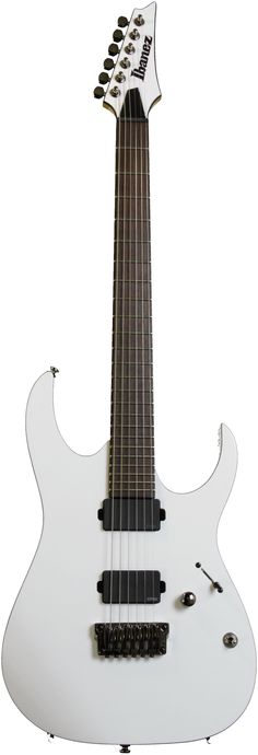 an electric guitar with white body and black frets on it's neck, in front of a white background