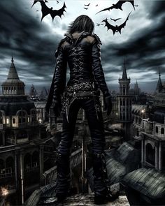 a man standing on top of a roof in front of bats flying over the city