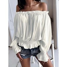 Off Shoulder Ruffle Trim Blouse, Casual Long Sleeve Blouse For Spring & Fall, Women's Clothing Composition: 95% Polyester,5% Spandex Material: Polyester Details: Shirred Patterned: Solid Color Applicable People: Adult Sheer: No Type: Tops Seasons: Summer Care Instructions: Hand Wash Or Professional Dry Clean Style: Casual Fabric Elasticity: Micro Elasticity Printing Type: No Printing Weaving Method: Woven Collar Style: Off The Shoulder We Use Stock Photos To Depict The Likeness Of Each Item. The Poet Blouse, Shirred Blouse, Off The Shoulder Tops, Straight Clothes, Loose Top, Blouse Casual, Flounce Sleeve, Bell Sleeve Blouse, Puffy Sleeves