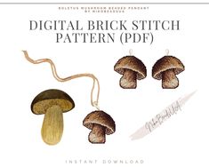 the digital brick stitch pattern is shown with three mushrooms hanging from it's sides