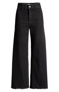 Dial in a retro vibe in these wide-legged pants cut to a cute, cropped length with a frayed hem for a dash of DIY charm. 28" inseam; 22" leg opening; 12" front rise; 15" back rise (size 29) Zip fly with button closure 67% cotton, 29% polyester, 3% viscose, 1% elastane Machine wash, tumble dry Imported Black Wide Leg Flare Jeans With Frayed Hem, Black Wide Leg Pants With Frayed Hem, Black Wide Leg Cropped Jeans For Work, Black Cropped Cotton Bottoms, Black Wide Leg Bottoms With Frayed Hem, Wide Leg Pants With Frayed Hem For Work, Cropped Wide Leg Cotton Pants With Frayed Hem, Black Wide Leg Cropped Cotton Jeans, Black Wide-leg Cropped Cotton Jeans