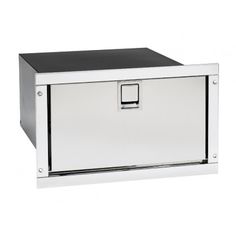 a metal box with a black top and bottom panel on the front is open to reveal an empty drawer