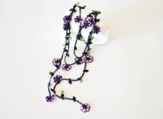 Purple Crochet Necklace Lavender Flowers Green Leaves by ReddApple Purple Bohemian Flower Necklace As Gift, Purple Bohemian Flower Necklace For Gift, Adjustable Crochet Beaded Necklace For Gift, Purple Bohemian Flower Necklace, Adjustable Crochet Flower Necklace, Unique Gifts For Mom, Wrap Necklaces, Beaded Wraps, Lavender Flowers