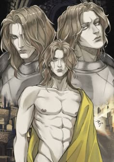 two men with long hair and no shirt standing next to each other in front of a castle