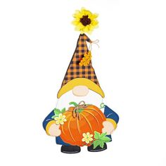 a scarecrow with a sunflower on his head is holding a pumpkin in its hand