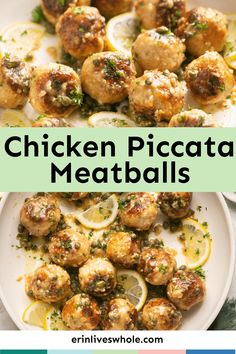 chicken piccata meatballs on a plate with lemons and parsley