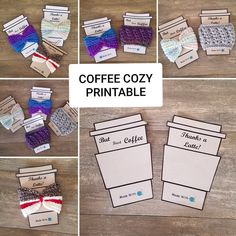 coffee cozy printables are displayed on a table with the instructions to make them