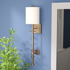 a lamp on the wall next to a potted plant