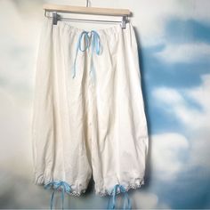 Bloomer Pants With Hand-Crocheted Trim, Upcycled From Vintage Pillow Cases By Me, Lower Bottoms Clothing. One Size. Blue Bottoms With Lace Trim For Daywear, White Bottoms With Lace Trim For Spring, Cotton Wide-leg Bottoms With Lace Trim, Wide Leg Cotton Bottoms With Lace Trim, White Cotton Shorts With Crochet Trim, Casual Cotton Pants With Lace Trim, Cotton Bottoms With Crochet Trim, Cotton Shorts With Lace Trim For Daywear, Spring Loungewear Bottoms With Lace Trim