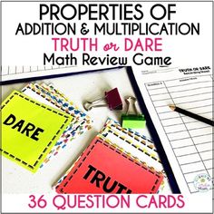 the truth and dare math review game for 3rd grade students is shown with three question cards