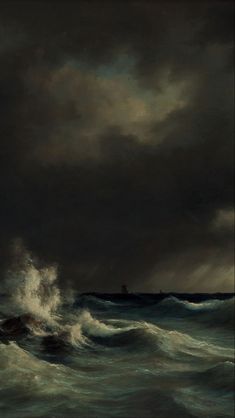 a painting of a boat in rough seas under a dark sky with storm clouds over the ocean