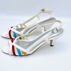 Colorful Rainbow vintage 1970s Fioni Slingback Open toe sandal | Etsy Vintage White Low Heel Heels, Retro White 4-inch Heels, Retro Summer Slingback Pumps, White Open Toe Slingback Sandals With 4-inch Heel, Vintage White Ankle Strap Heels, Vintage White Heels With Ankle Strap, Retro White Open Toe Heels, Vintage White Open Toe Heels, White Retro Summer Heels