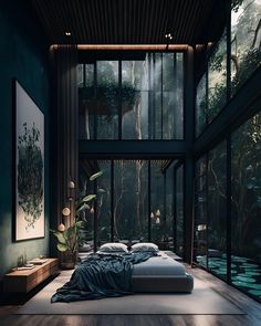 Bedroom in the middle of the forest. Eran Dahan Real Estate Broker. My Dream Home Vintage, Modern Forest House Interiors, Modern Jungle House, Dark Modern House Exterior, Dark House Interior Design, Modern House In The Woods, Dream Showers, Black Luxury House, Dark Minimalist Bedroom