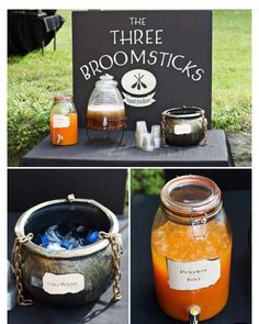 the three broomsticks are on display at this outdoor event, and there is an orange juice in a bucket next to it