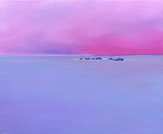 an oil painting of the ocean with pink clouds