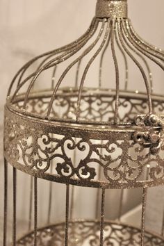 an ornate birdcage is sitting on the floor