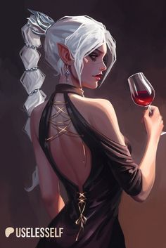 a woman with white hair holding a glass of wine