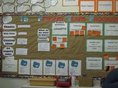 a bulletin board with information about the different parts of speech and writing on it in front of a classroom desk