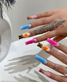 summer nail inspo, animal print, 3d art Acrylic Full Set, Retro Nails, Hello Nails, Print Nails, French Acrylic Nails, Classy Acrylic Nails