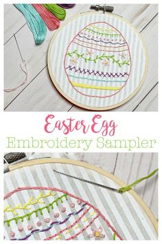 an easter egg embroidery pattern is shown in two different pictures, with the same stitching technique