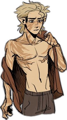 a man with blonde hair and no shirt on is holding his jacket over his shoulder