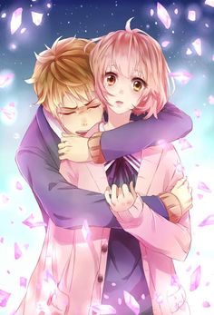 two people hugging each other in front of a sky full of pink and purple flowers