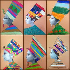 four different pictures of the same woman's head with colorful hats on her head