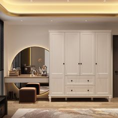 a large white closet in the middle of a living room with a mirror on the wall