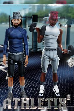 two black men are standing in front of a gym machine and holding dumbbells