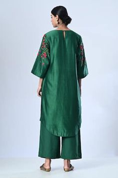 Green kurta with dori floral hand embroidery. Paired with a palazzo and contrast dupatta. - Aza Fashions Slub Silk Set With Floral Embroidery And Straight Kurta, Transitional Raw Silk Sets With Floral Embroidery, Transitional Floral Embroidery Sets In Raw Silk, Embroidered Straight Kurta Sets In Slub Silk, Embroidered Slub Silk Straight Kurta Set, Embroidered Slub Silk Sets With Straight Kurta, Green Raw Silk Sets With Floral Embroidery, Transitional Designer Wear Sets With Floral Embroidery, Green Floral Embroidery Raw Silk Sets