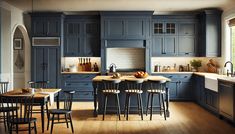 a kitchen with dark blue cabinets and wooden flooring, an island table surrounded by four chairs