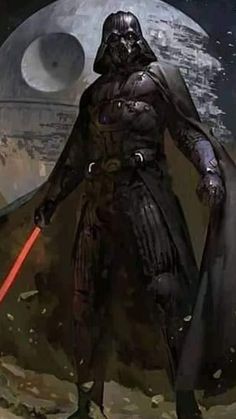 darth vader standing in front of the moon with his lightsaber on