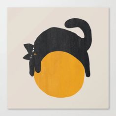 a black cat sitting on top of an orange in front of a gray background with white border