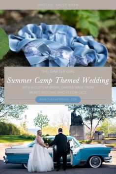 a bride and groom standing in front of a blue car with the words summer camp themed wedding