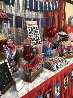 a baseball themed birthday party with red, white and blue decorations