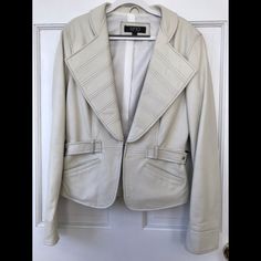 Very Soft Leather.. Pretty Unique Design And Nice Color. You Are Not Going To Find Many People Wearing It On The Street! Lol Never Wore. First Two Pic Taken In Daylight; Last Two Taken At Night. Leather Blazer, Colored Blazer, Blazer Suit, At Night, Soft Leather, Unique Design, Suit Jacket, Checks, Coats Jackets