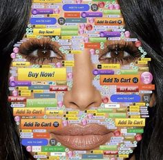 a woman's face is covered in many different types of stickers and words