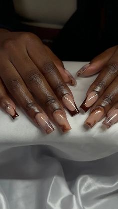 Fall French Nails Neutral Brown Nails Acrylic, Brown French Design Nails, Nail Ideas Acrylic Fall Colors, Nail Neutral Colors Designs, Acrylic Nails Browns, Brown Fall Nail Set, Pretty Brown Nails Acrylic, Neutral Tone Nail Designs, Cute Fall Sets Nails