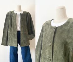 Vintage 2000s Green Leather Jacket. Simple and elegant green nubuck leather button down jacket. Looks great with https://www.etsy.com/listing/558117514/vintage-1990s-1980s-patchwork-leather?click_key=0a0474c556d1f3a37477f1cfe28e46b6ebdf7637%3A558117514&click_sum=55b43511&ref=shop_home_active_20&pro=1 DETAILS - Brand: Coldwater Creek - Label Size: XL {best fit modern size Large, see Measuring Guide} - Color: green - Shell Material: 100% leather - Lining Material: 100% nylon - fully lined - collar Green Leather Jacket, Leather Jacket Vintage, Green Leather Jackets, Button Down Jacket, Vintage Leather Jacket, Vintage 2000s, Leather Blazer, Jacket Vintage, Coldwater Creek