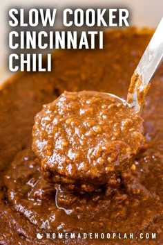 slow cooker chili being spooned into a bowl with text overlay that reads, slow cooker cinchnati chili