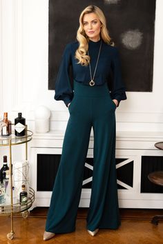 HotSquash Green Wide Leg Jumpsuit With Blouson Sleeve Stylish Jumpsuit, Blouson Sleeve, Green Jumpsuit, Bottle Green, Funnel Neck, Wide Leg Jumpsuit, Funnel, Playsuit Jumpsuit, Jumpsuits For Women