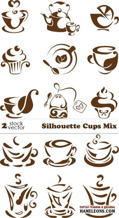 various coffee cups and saucers are shown in this graphic art file, with the words silhouette