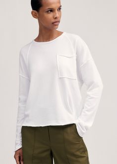 Lightweight Raw Edge Box Sweatshirt | ME+EM Sporty Long Sleeve Top In French Terry, Relaxed Fit Crew Neck Top With Ribbed Neckline, Relaxed Fit Raglan Sleeve Tops With Ribbed Cuffs, Relaxed Fit Top With Raglan Sleeve And Ribbed Cuffs, Relaxed Fit Tops With Ribbed Cuffs And Raglan Sleeves, Sporty French Terry Crew Top, White Raglan Sleeve Tops For Athleisure, White Raglan Sleeve Athleisure Top, White Jersey Athleisure Top