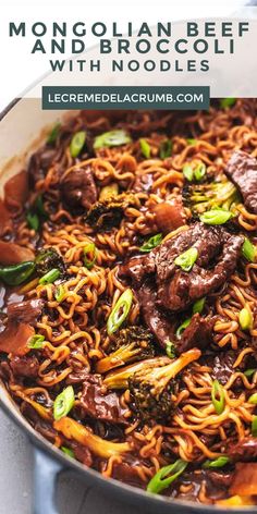 beef and broccoli lo mein with noodles in a skillet on the stove