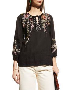 Spring Floral Embroidered Top With 3/4 Sleeve, Floral Embroidered Top With 3/4 Sleeves For Spring, Spring Blouse With Floral Embroidery And 3/4 Sleeves, Linen Top, Johnny Was, Blouse Black, Embroidered Blouse, Luxury Fabrics, Vintage Boho