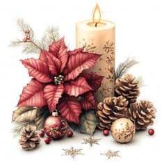 a christmas candle with poinsettis and pine cones on the table next to it