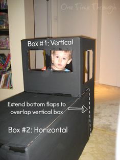 a cardboard box sitting on the floor with instructions to make it look like a child's face